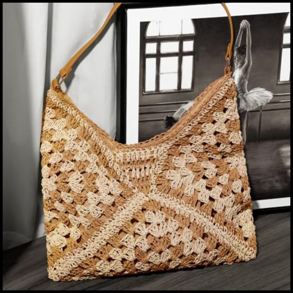 Natural Straw Tote Bag Handwoven Bohemian Casual Shoulder Bag Travel Essential - Picture 3 of 7